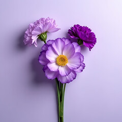 Modern artistic composition of purple and white carnations on a clean, muted background with symmetrical balance 