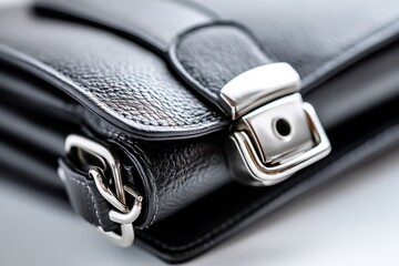 Sleek black leather bag in studio setting during daytime