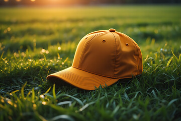 Orange Baseball Cap on Green Grass Sunlit Summer Day Apparel Fashion