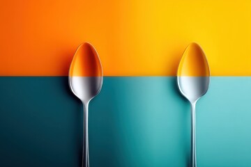 Two vibrant spoons reflecting orange and teal colors in studio