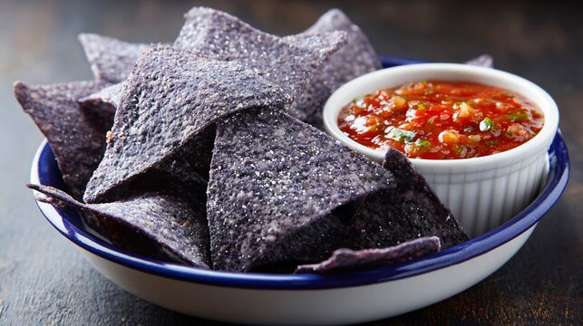 Blue corn chips in enamel bowl, salsa in white ramekin,