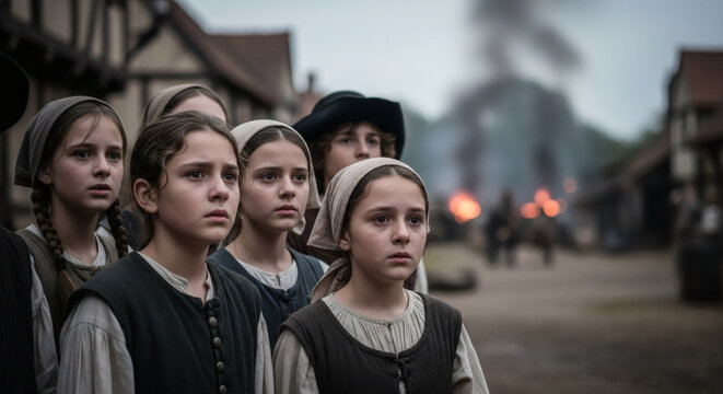 A Troubled Gaze in Medieval Village: A group of concerned village children, their faces etched with worry, stand together amidst a backdrop of historic buildings and potential conflict.