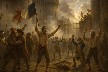 A vivid painting captures a pivotal moment of historical revolution, as determined figures rally with flags raised high, embodying the spirit of freedom and rebellion. Storming of the Bastille