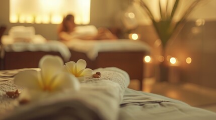 Healthcare time. Closeup on spa composition. in background relaxed female in spa salon laying on massage table.
