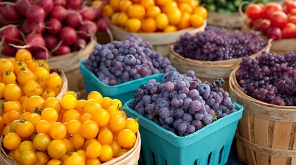 Fresh colorful fruits in baskets at local farmers market  
