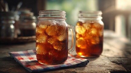 Cold iced tea in mason jar, cloth napkin with stars under