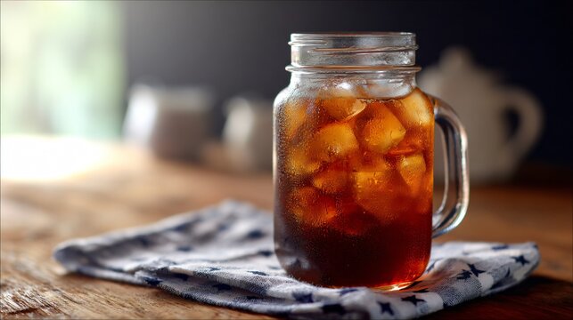 Cold iced tea in mason jar, cloth napkin with stars under