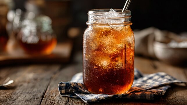 Cold iced tea in mason jar, cloth napkin with stars under