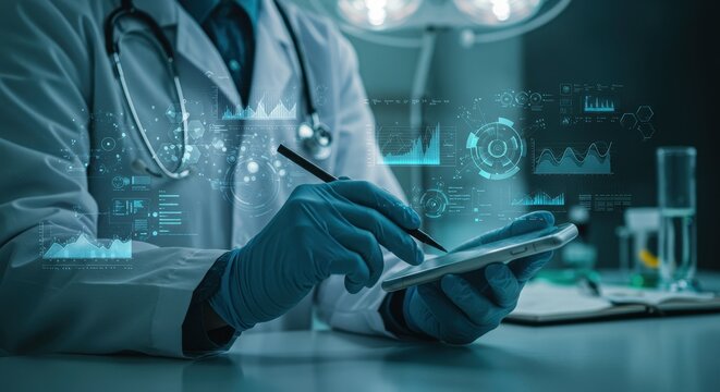 Doctor in lab coat analyzes medical data on smartphone with digital interface