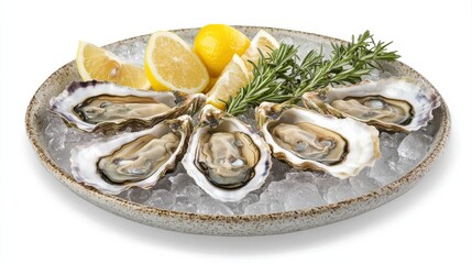 Fresh oysters on ice served with lemon wedges and rosemary, perfect for gourmet seafood lovers