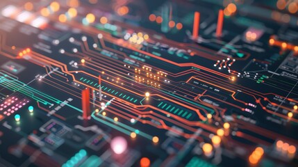 Obraz premium digital project planning dashboard, Gantt chart, futuristic interface, photorealism, digital circuitry, electronic motherboard