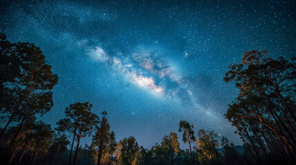 Fototapeta premium Stunning view of the Milky Way galaxy illuminating the night sky over a tranquil forest