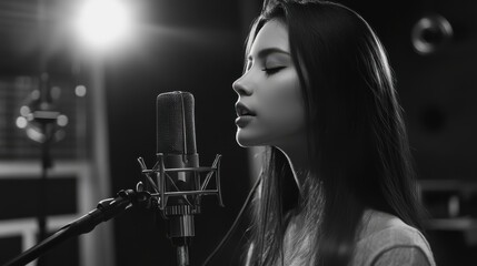 Female singer at the microphone. Singer recording a song at the music studio.
