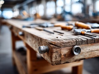 Rustic wooden workbench with tools in carpentry workshop
