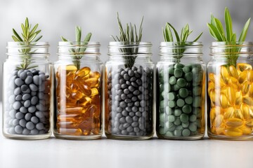 Five glass jars filled with colorful pills and herbs indoors