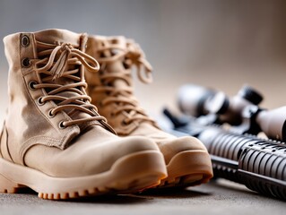 Military-style boots and rifle in indoor studio setting