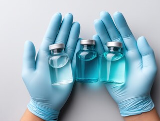 Two gloved hands holding three glass vials with blue liquid indoors