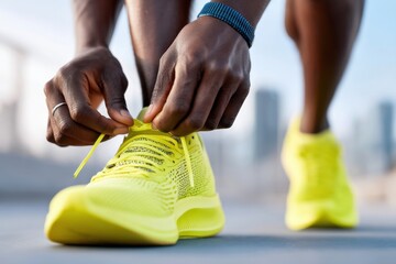 Focused African American man tying shoelaces on yellow running shoes outdoors