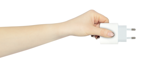 Original network charger for phone in hand, outstretched hand with network charger for phone, isolated from background, concept of using only safe branded devices