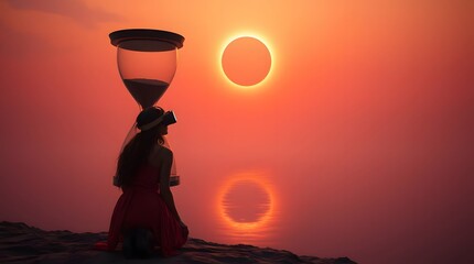 Vr headset woman hourglass surreal sunset time concept digital art stock photography