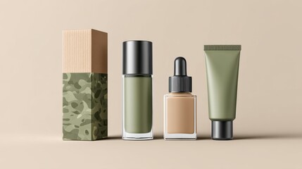 Cosmetics in minimalist studio with camouflage box
