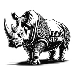 Black and white vector illustration of a powerful rhinoceros with intricate armor-style patterns and rhino strong text integrated