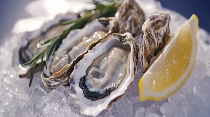 Fresh oysters on ice served with lemon wedges and rosemary, perfect for gourmet seafood lovers