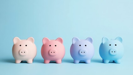 Four pastel-colored piggy banks in pink, purple, and blue lined up against a light blue background.