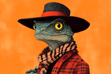 Portrait of an anthropomorphic lizard with realistic textures on its scaly skin, dressed in a stylish human costume, wearing a black hat with red stripes, highlighting its sense of mystery and talent