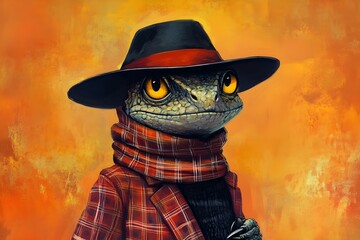 Portrait of an anthropomorphic lizard with realistic textures on its scaly skin, dressed in a stylish human costume, wearing a black hat with red stripes, highlighting its sense of mystery and talent