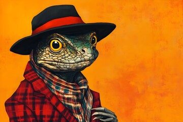 Portrait of an anthropomorphic lizard with realistic textures on its scaly skin, dressed in a stylish human costume, wearing a black hat with red stripes, highlighting its sense of mystery and talent