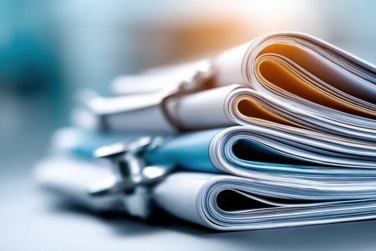 Close-up of organized medical journals and stethoscope in office