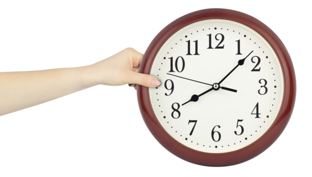 round wall clock in hand, outstretched hand with round wall clock isolated from background, time concept
