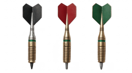 Three dart flights in black, red, and green,  with brass-colored shafts