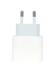 Original network charger, block for charging the phone. Isolated from the background.