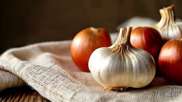 onions and garlic on wooden background