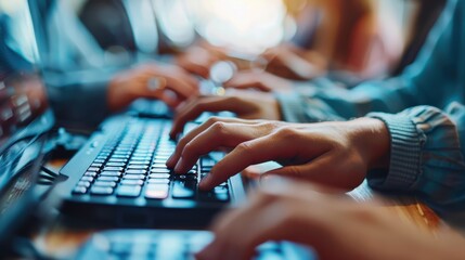 Business, people and hands typing in office for communication, networking and internet research with keyboard. Group, workers and employees browsing for online collaboration, teamwork and web design