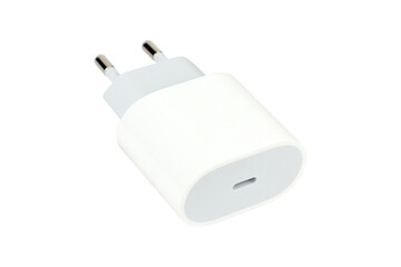 Original network charger, block for charging the phone. Isolated from the background.