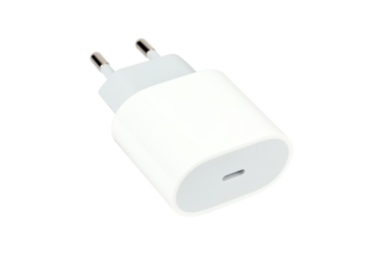 Original network charger, block for charging the phone. Isolated from the background.