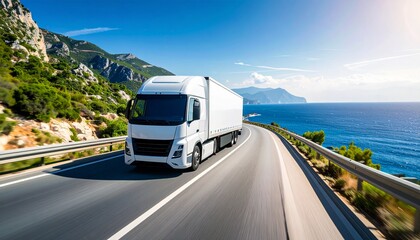 Open Road Transport: A streamlined white truck travels along a coastal road, carrying cargo with the azure sea and lush mountains forming a scenic backdrop