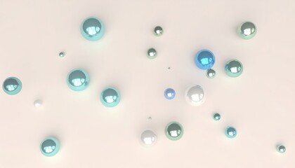 iridescent spheres on smooth reflective surface with pastel hues of blue, pink, and purple in soft minimalistic setting