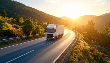 Truck on the Road: A commercial truck navigates a winding road through a scenic mountain pass, bathed in the warm glow of the setting sun, symbolizing the journey, delivery, and movement.