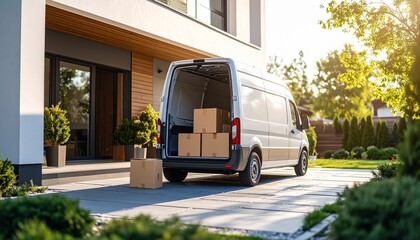 Package Delivery at the House: A delivery van parked in front of a contemporary house, its cargo hold open and loaded with cardboard boxes, against a backdrop of a sunny day.