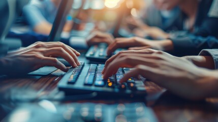 Business, people and hands typing in office for communication, networking and internet research with keyboard. Group, workers and employees browsing for online collaboration, teamwork and web design