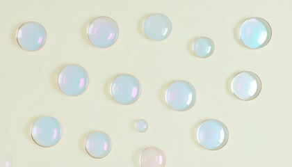 iridescent spheres on smooth reflective surface with pastel hues of blue, pink, and purple in soft minimalistic setting