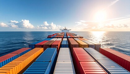 Sea Freight Symphony: A majestic cargo ship, laden with vibrant containers, sails under a brilliant sky, embodying global trade, and the vastness of the ocean.