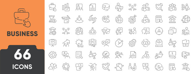 Business Line Icon Set. Set of 66 outline icons including strategy, finance, teamwork, growth, management, and planning. Editable stroke. Linear vector illustration.