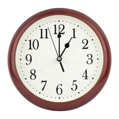 round wall clock with frame showing 1 o'clock isolated from background