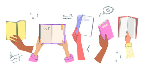 Diverse hands holding books in various positions, symbolizing reading, education, and diversity in learning colorful vector illustration. Education and Literacy Concept with Books and Diverse Readers