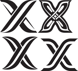 Set of Four Stylized Letter X Logos. Collection of black and white Celtic knot, tribal, and interlaced monogram designs for branding, tattoos, or decorative icons